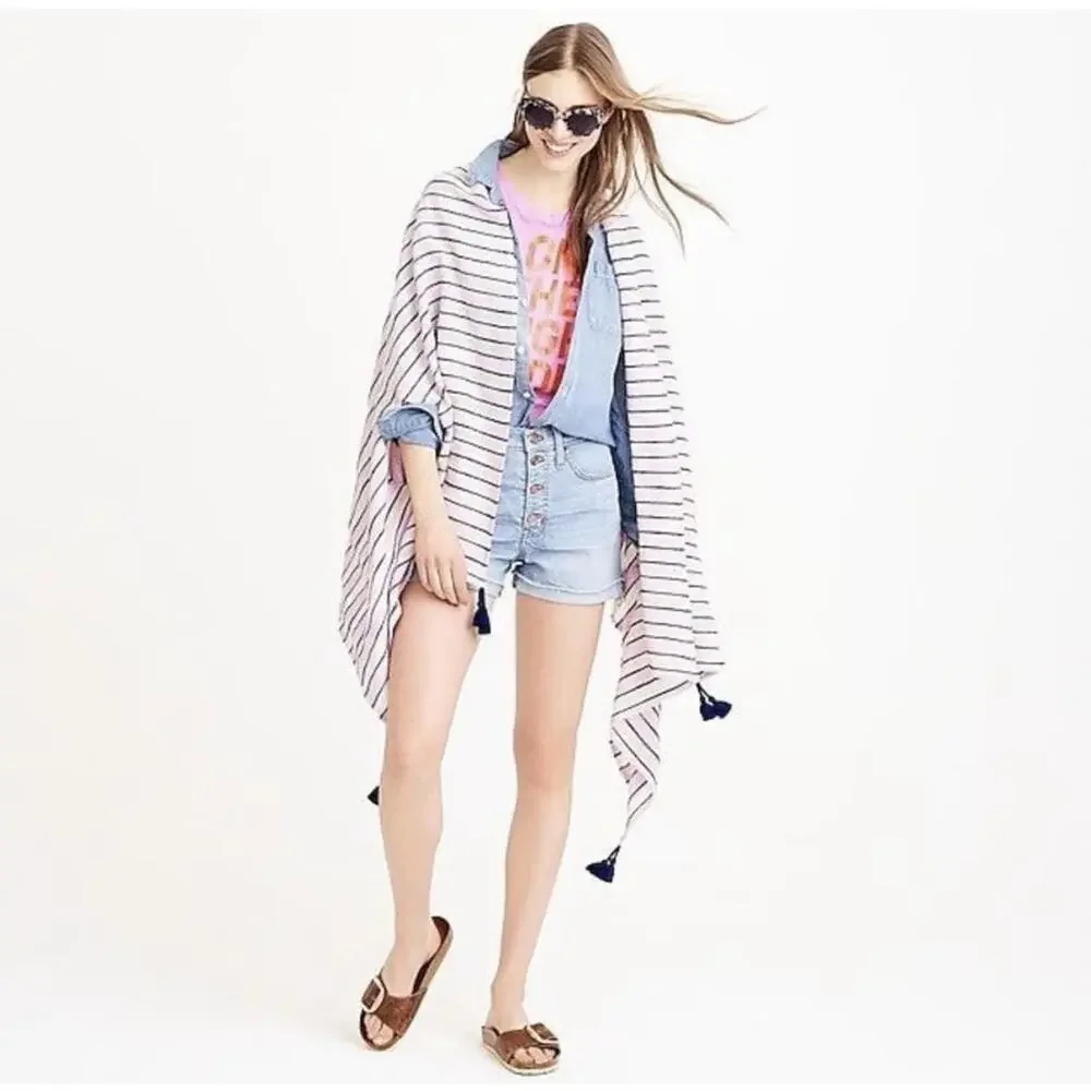 J.Crew Pink Striped Tassel Cotton Blend Cape‎ Wrap Scarf Swim Coverup One Size